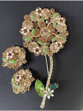 Rare Vtg Signed Weiss Rhinestone Flower Brooch Clip On Earrings Set